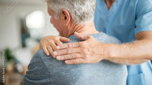 A senior man is engaged in a rehabilitation session, receiving attentive care from a medical professional in a bright, welcoming healthcare environment. The focus is on providing comfort and support.