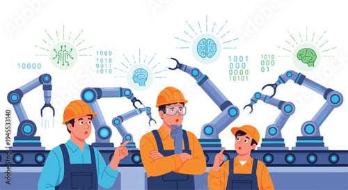 Flat 2D illustration of workers in orange hard hats and blue overalls standing near robotic arms with automation and AI concept graphics in the background.