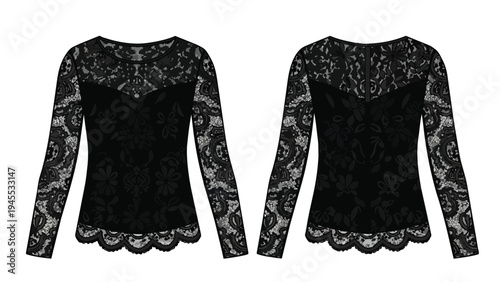 Exquisite black lace long-sleeved top with delicate floral patterns and scalloped hem showcasing elegant women's evening wear design aesthetic flair