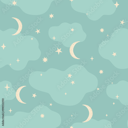 Seamless pattern with crescent moons, stars, and soft clouds on a teal sky. Dreamy and calming design, perfect for nursery textiles, wallpapers, wrapping paper, and kids decor.