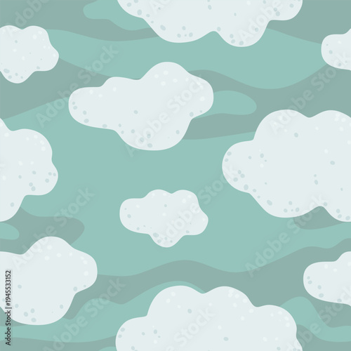 Seamless pattern with soft clouds on a teal sky background. Calm and dreamy design, perfect for nursery textiles, wallpapers, wrapping paper, and kids room decor.
