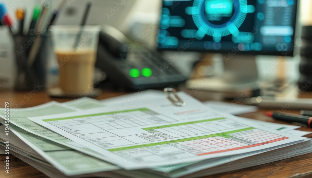 Fototapeta premium Closeup of wholesale trade invoices sharply focused on a desk blurred office workflow tools and a cash advance status screen adding context in the backdrop.
