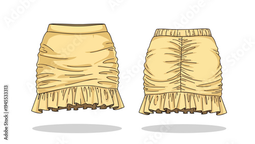 A comprehensive fashion illustration displaying the front and back perspectives of a chic, gathered mini skirt adorned with a stylish ruffled hem,