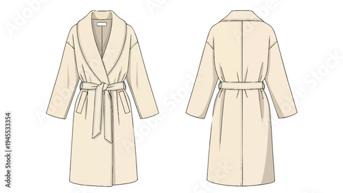 Elegant neutral tone wrap coat technical flat illustration showcasing front and back views for fashion design development