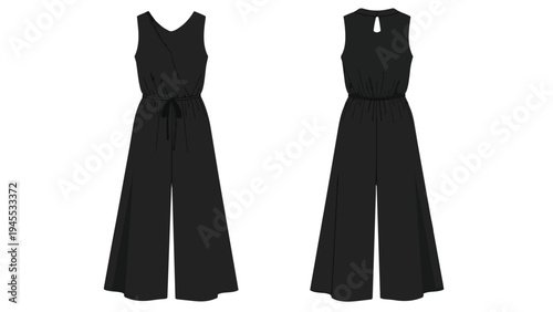 Contemporary black sleeveless jumpsuit with a flattering v-neck wrap bodice, cinched elastic waist, tie detail, and stylish wide-leg trousers for