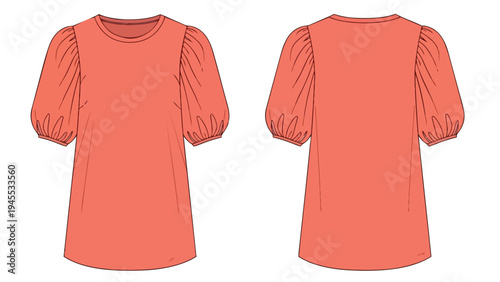Elegant coral-hued relaxed-fit tunic with distinctive puff short sleeves, fashion illustration displaying front and back views