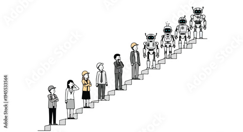 Flat 2D illustration of a diverse group of business people standing on a staircase with robots replacing humans in a concept of automation and AI taking over jobs.