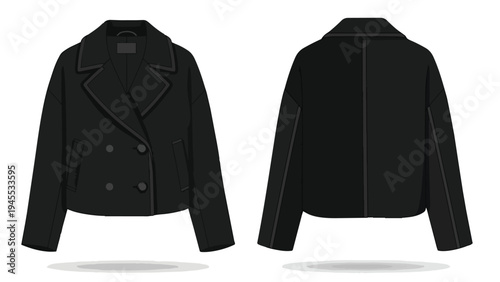 Elegant black double-breasted jacket fashion illustration front and back views for design projects and casual wear