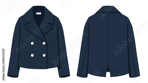 Fashion illustration of a classic dark navy double-breasted short jacket, featuring crisp white buttons and a wide lapel, shown from front and rear