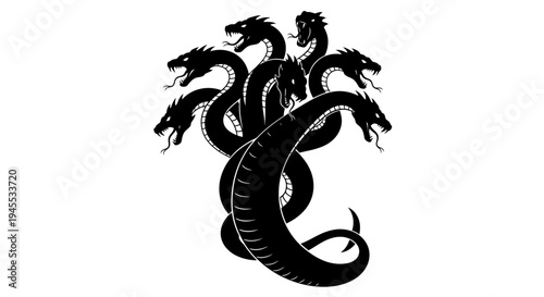 Seven-Headed Hydra Illustration in Black and White.