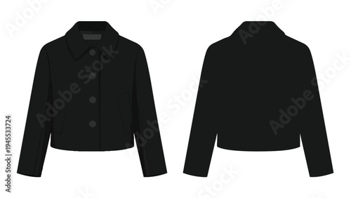 Crisp black modern cropped jacket apparel design minimal style flat illustration fashion garment drawing template elegant outerwear textile blank