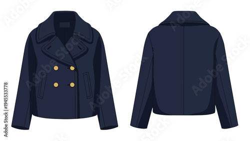 Classic navy blue peacoat illustration showcasing its timeless double-breasted front with golden buttons and its smooth back view, isolated on a