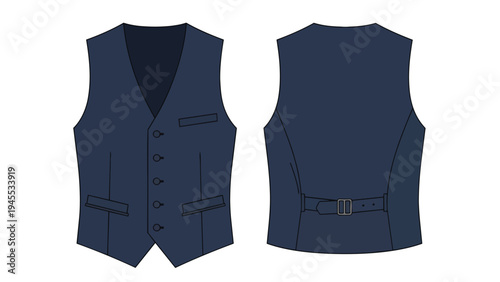 Elegant dark blue waistcoat garment flat technical drawing showcasing both front and back views with detailed features for professional apparel