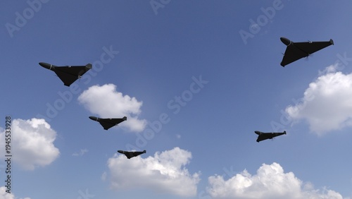 Swarm of delta-wing-shaped military attack drones in the sky - 3D rendering