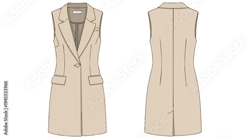 Professional Women's Sleeveless Blazer Flat Technical Drawing Beige Apparel Design Front Back View