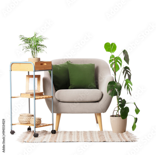 Grey armchair with shelf un...