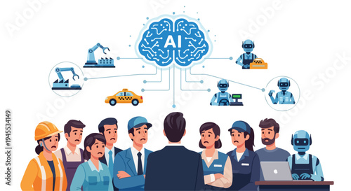 Flat 2D illustration of diverse workers facing a suited man with AI concept and automation icons above them on a clean white background.