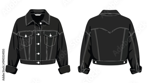Vector technical drawing of a stylish black denim jacket, front and back views, with prominent white contrast stitching for apparel design