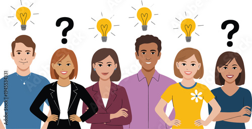 Set of thoughtful people, cartoon men and women thinking, planning, or pondering with question marks and light bulbs