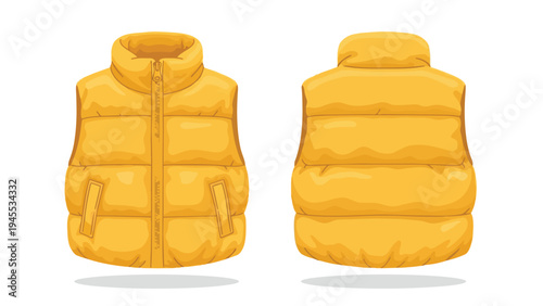 Bright yellow quilted puffer vest jacket flat lay illustration isolated on white background front and back views showing stylish casual outerwear
