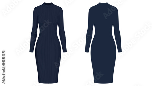 Elegant navy blue long-sleeved bodycon midi dress front and back view perfect for stylish occasions versatile classic design for modern fashion women