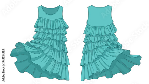 Elegant tiered ruffled teal dress design front and back views for fashion illustration