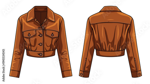 Stylish cropped brown jacket front and back view fashion illustration apparel design blueprint