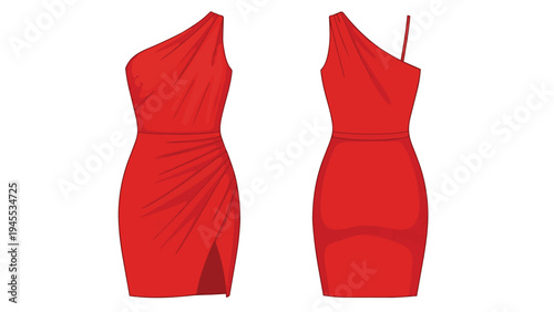 A sophisticated crimson one-shoulder cocktail dress design rendered in flat vector style featuring intricate side ruching and a graceful thigh-high