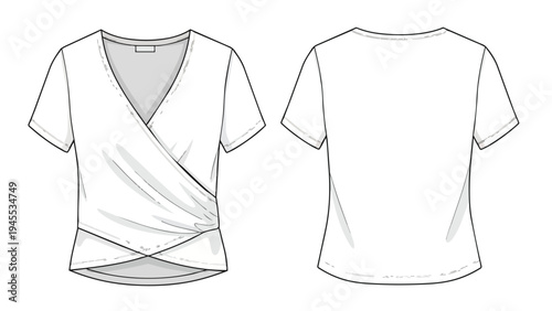 Fashion technical flat sketch of a women's short-sleeve V-neck wrap top, showcasing precise front and back views for detailed apparel design and