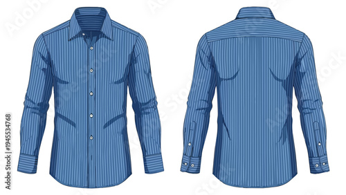 Professional men's tailored long-sleeve striped blue button-up shirt design elegant front and back views a classic wardrobe staple for business and