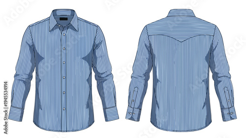 Detailed technical illustration of a men's long-sleeve blue pinstriped button-up shirt, presenting both front and back views for fashion design and