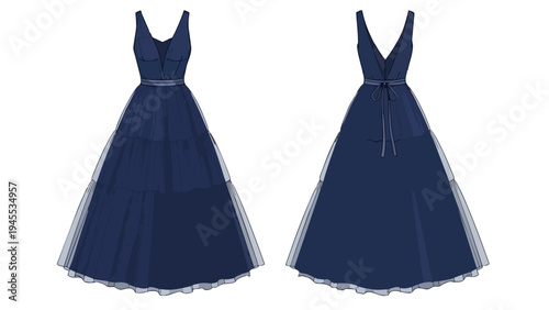 Elegant midnight blue v-neck formal gown illustration featuring front and back views with flowing layered skirt design
