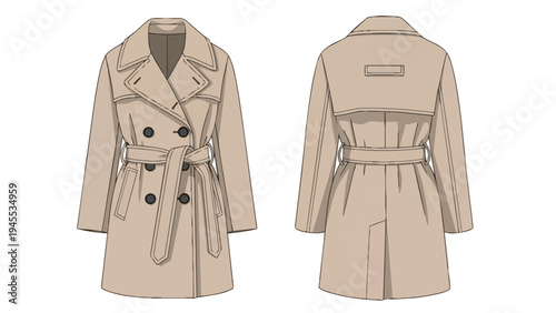 Elegant double-breasted trench coat design flat sketch with belted waist and classic details