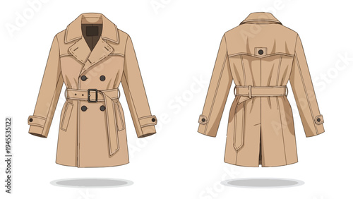 Elegant beige trench coat illustration front and back views showcasing classic fashion with double-breasted buttons, belted waist, and sophisticated