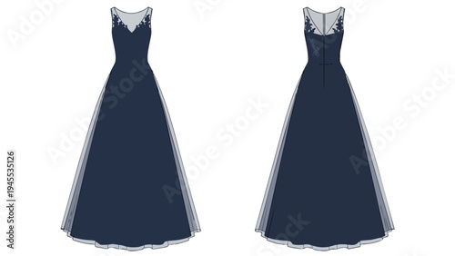 Navy blue formal dress flat sketch. Elegant V-neck bodice, lace details, A-line skirt. Front and back views. Ideal for apparel design and evening