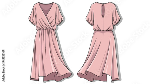 Elegant soft pink midi dress fashion technical flat sketch illustration. Front and back views of a flowing short-sleeved garment design concept,