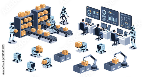 Flat 2D illustration of robots and people working together in an automated warehouse with AI concept, showcasing replacing traditional jobs with modern technology.