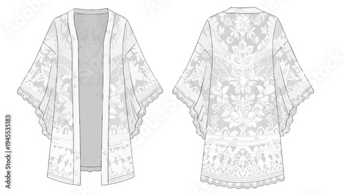 Front and back technical flats of a white lace kimono top, featuring intricate floral patterns, wide sleeves with scalloped edges, perfect for