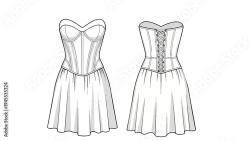 Technical illustration of a modern strapless corset bodice dress with a gathered skirt, presenting both front and back views for detailed fashion