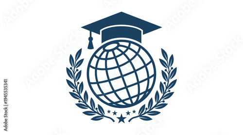 Graduation ceremony features a cap atop a globe with laurel wreaths outdoors symbolically.