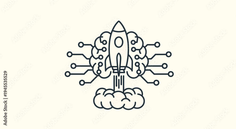Obraz premium A rocket ship blasts off into the air with circuit board lines and clouds.