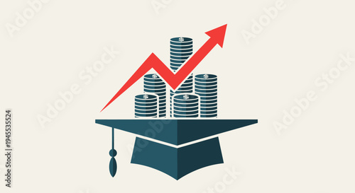 Graduation cap with coins and rising graph symbolizes financial success