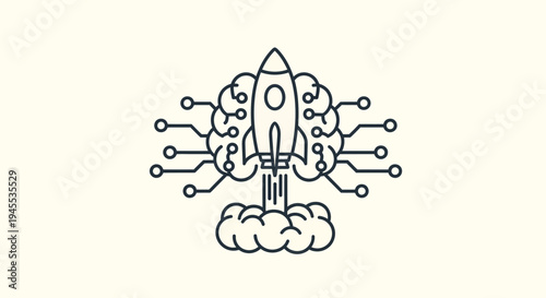 A rocket ship blasts off into the air with circuit board lines and clouds.