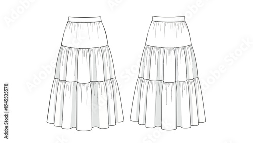 Clean technical drawing showcasing front and back views of a flowing tiered maxi skirt design for modern apparel