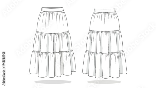 Detailed flat sketch of a fashionable tiered maxi skirt design showing front and back views
