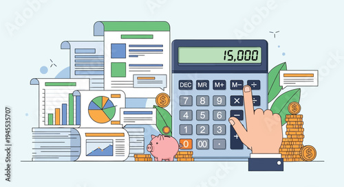 Vector illustration of finance and accounting concept with calculator, coins, and documents
