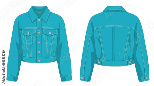 Fashionable aqua denim jacket illustration, front and back views, showcasing contemporary casual outerwear design for modern wardrobe inspiration