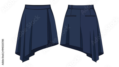 Modern asymmetrical hemline skirt technical drawing for fashion design projects stylish navy blue apparel illustration