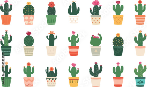 Vector illustration set of spring flowers and cactus in pots with decorative style icons and colorful design elements