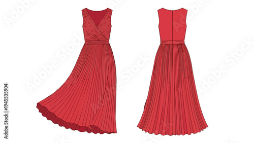 Vibrant red formal gown design with a chic wrapped bodice and a flowing pleated skirt, ideal for evening wear or special occasions, detailed front